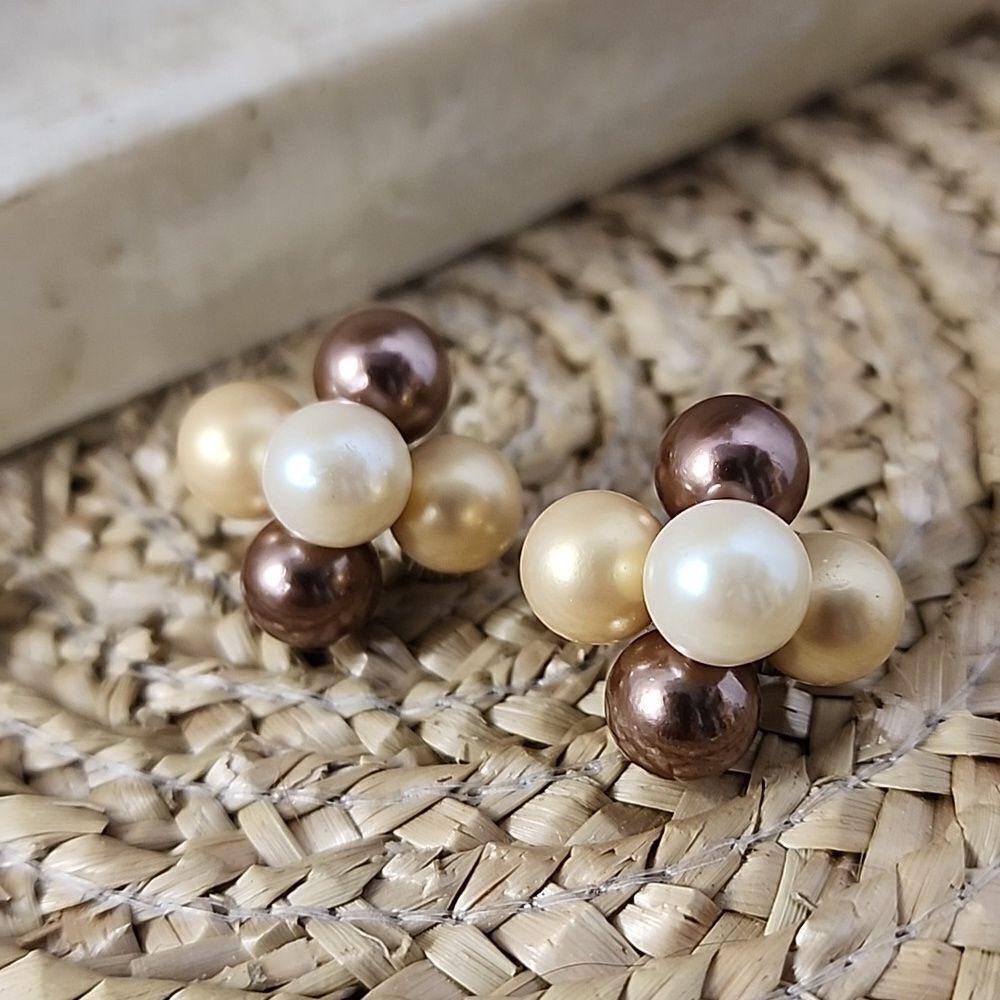 Vintage Monet Clip On Faux Pearl Cluster Earrings